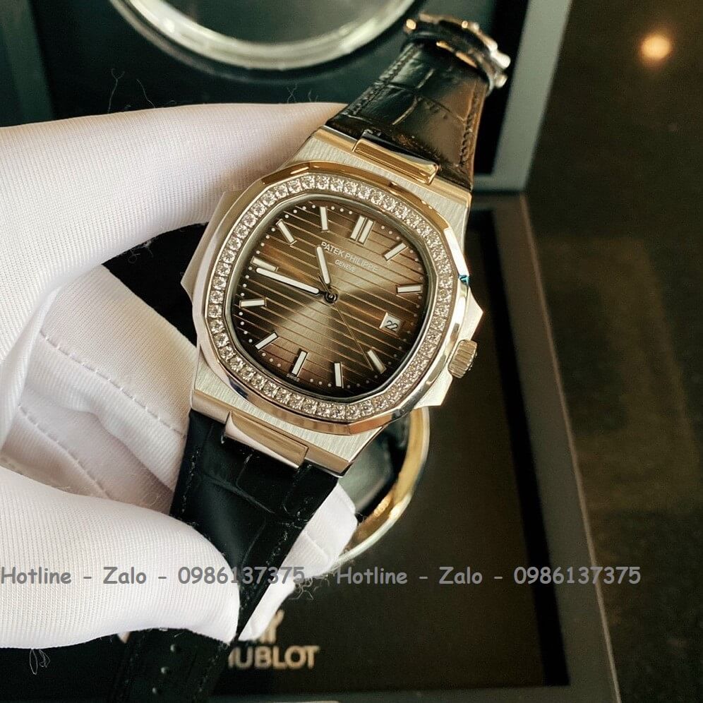 Đồng Hồ Patek Philippe Automatic Nam Dây Đen Mặt Nâu Đính Đá