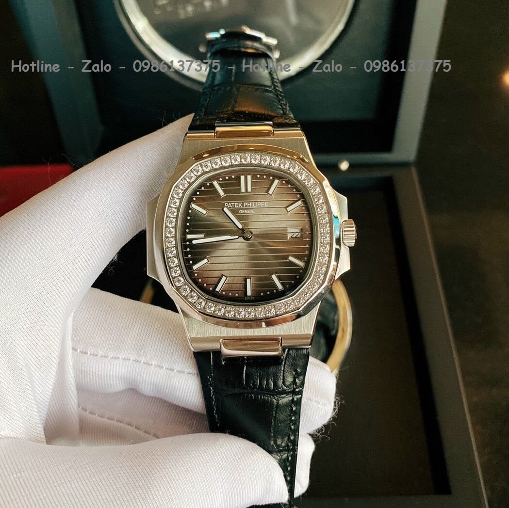 Đồng Hồ Patek Philippe Automatic Nam Dây Đen Mặt Nâu Đính Đá