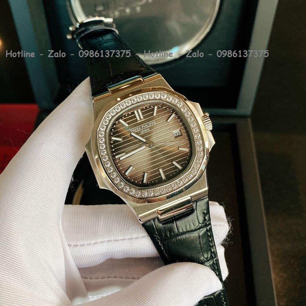 Đồng Hồ Patek Philippe Automatic Nam Dây Đen Mặt Nâu Đính Đá