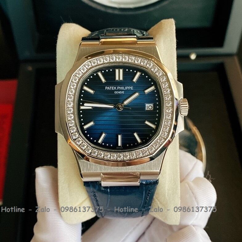 Đồng Hồ Patek Philippe Automatic Nam Dây Da Xanh Đính Đá 43x43mm