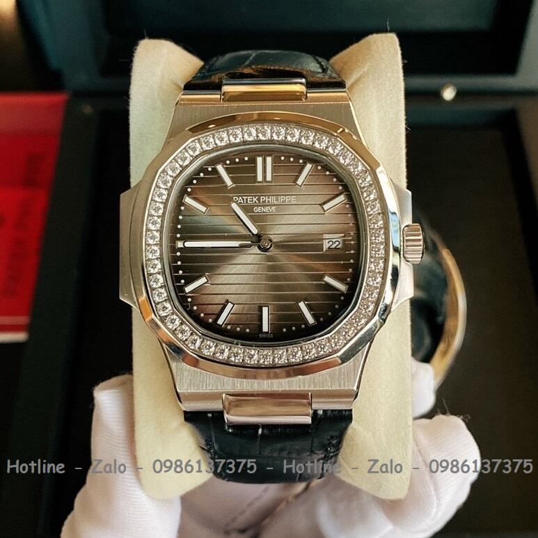 Đồng Hồ Patek Philippe Automatic Nam Dây Đen Mặt Nâu Đính Đá