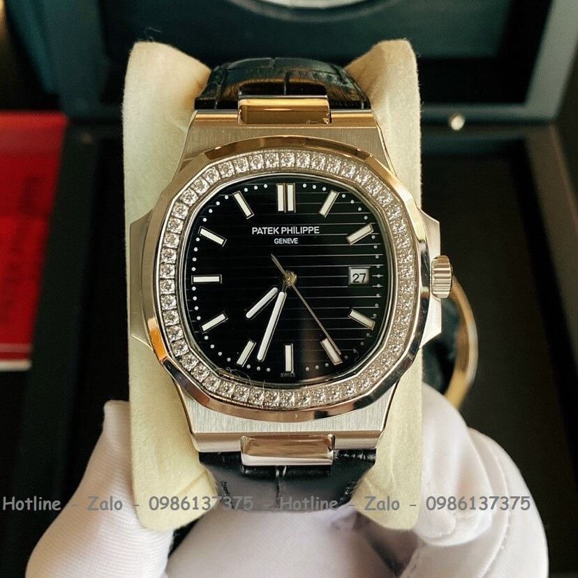 Đồng Hồ Patek Philippe Automatic Nam Dây Da Đen Đính Đá