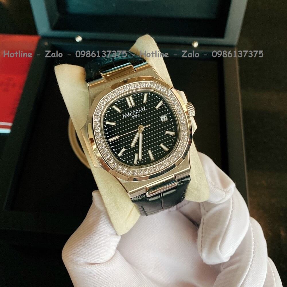 Đồng Hồ Patek Philippe Automatic Nam Dây Da Đen Đính Đá