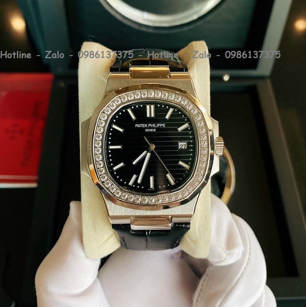 Đồng Hồ Patek Philippe Automatic Nam Dây Da Đen Đính Đá