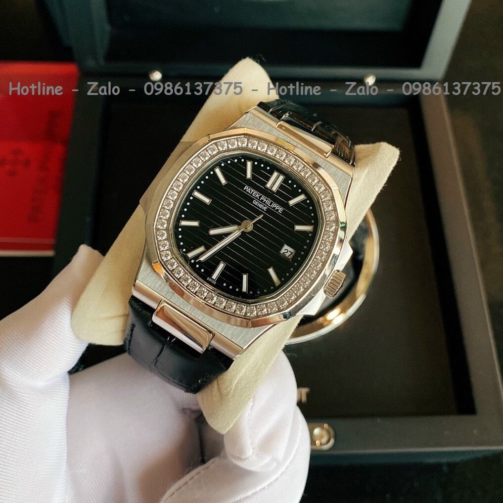 Đồng Hồ Patek Philippe Automatic Nam Dây Da Đen Đính Đá