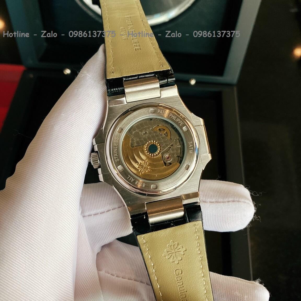 Đồng Hồ Patek Philippe Automatic Nam Dây Đen Mặt Nâu Đính Đá