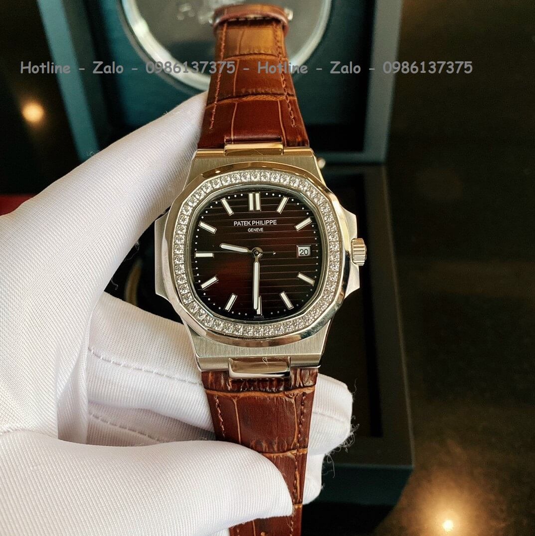 Đồng Hồ Patek Philippe Automatic Nam Dây Da Nâu Đính Đá 43x43mm