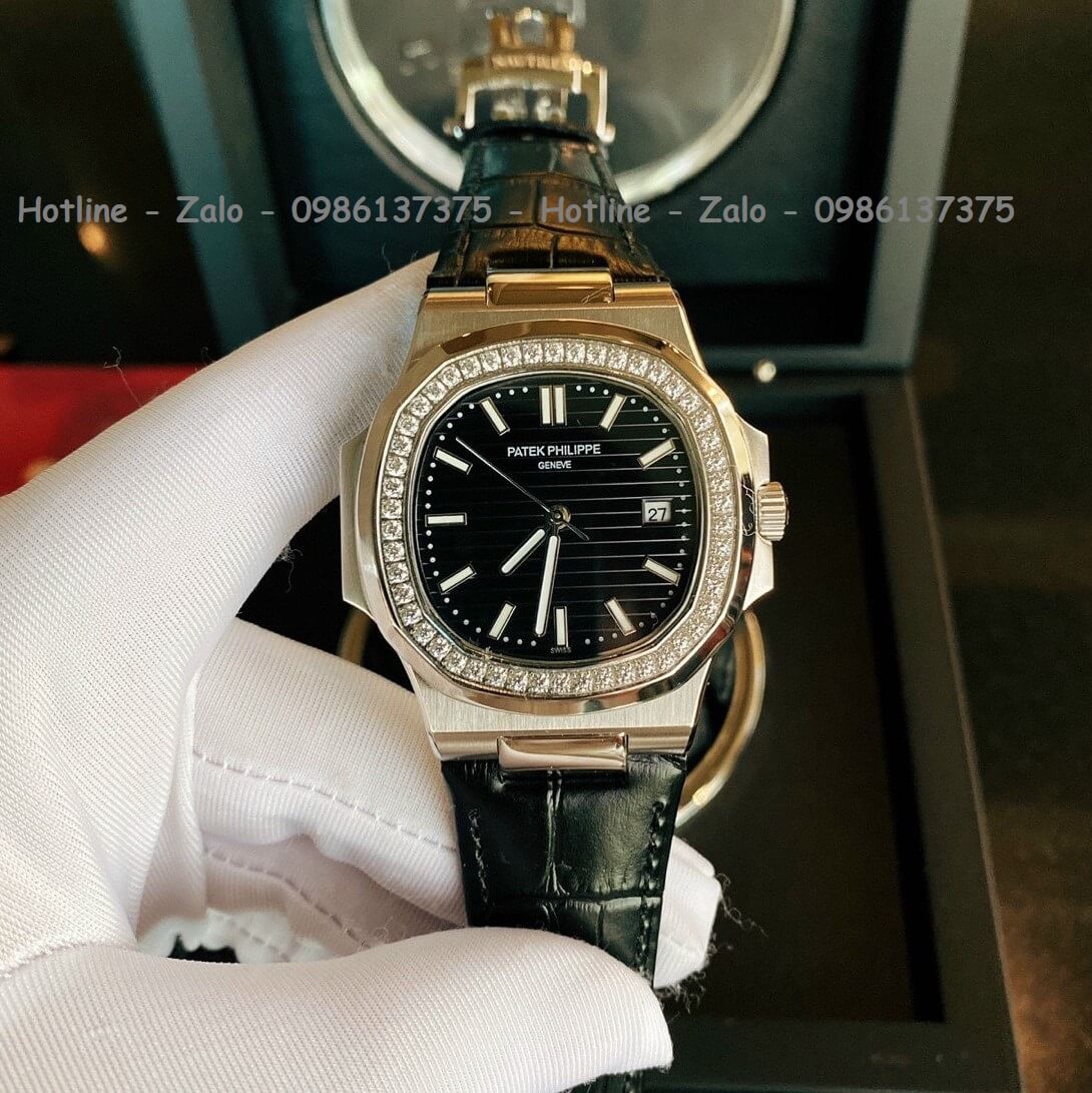 Đồng Hồ Patek Philippe Automatic Nam Dây Da Đen Đính Đá