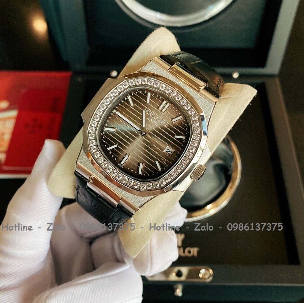 Đồng Hồ Patek Philippe Automatic Nam Dây Đen Mặt Nâu Đính Đá