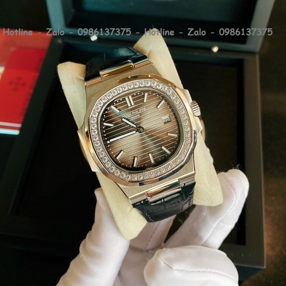 Đồng Hồ Patek Philippe Automatic Nam Dây Đen Mặt Nâu Đính Đá