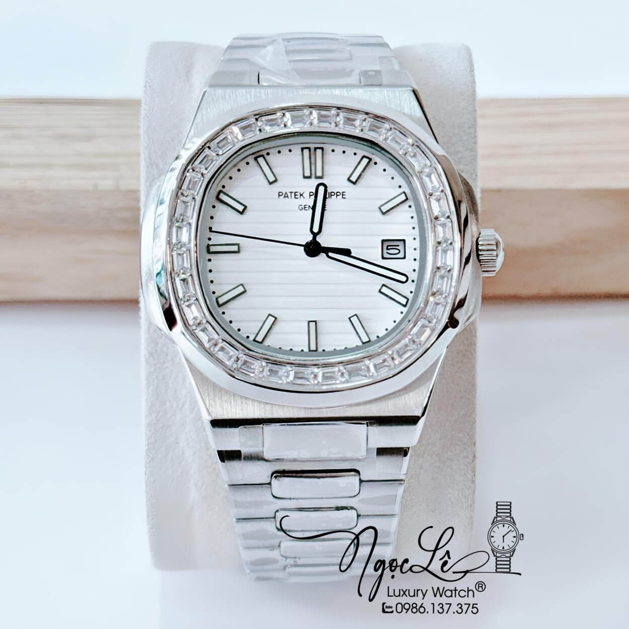Đồng Hồ Nam Patek Philippe Tự Động Dây Kim Loại Bạc Mặt Trắng Đính Đá Size 40mm
