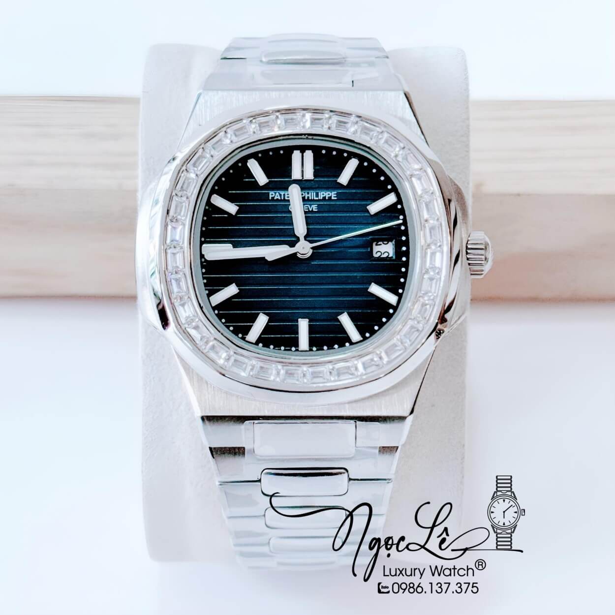 Đồng Hồ Nam Patek Philippe Tự Động Dây Kim Loại Bạc Mặt Xanh Đính Đá Size 40mm
