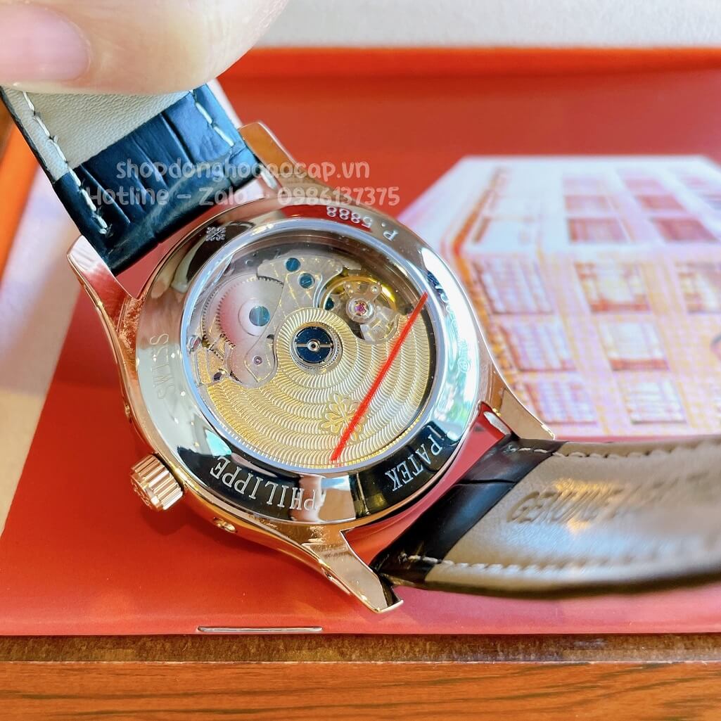 Đồng Hồ Patek Philippe Nam Máy Cơ Tự Động Dây Da Xanh Dương - Vỏ Rose Niềng Đá Mịn 40mm