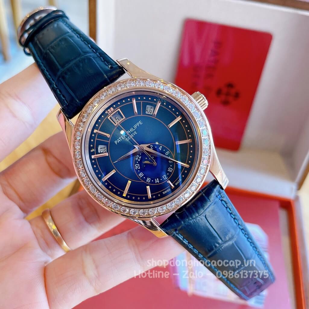 Đồng Hồ Patek Philippe Nam Máy Cơ Tự Động Dây Da Xanh Dương - Vỏ Rose Niềng Đá Mịn 40mm