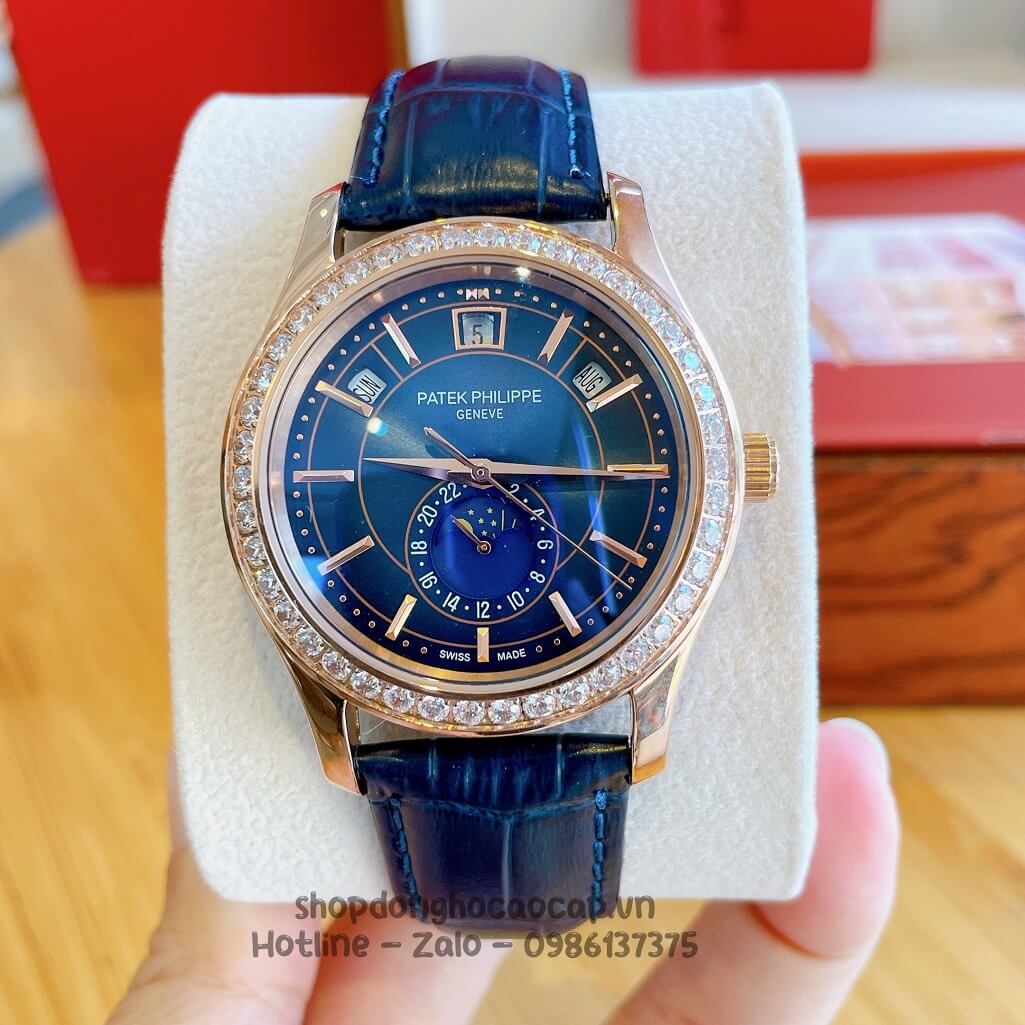 Đồng Hồ Patek Philippe Nam Máy Cơ Tự Động Dây Da Xanh Dương - Vỏ Rose Niềng Đá Mịn 40mm