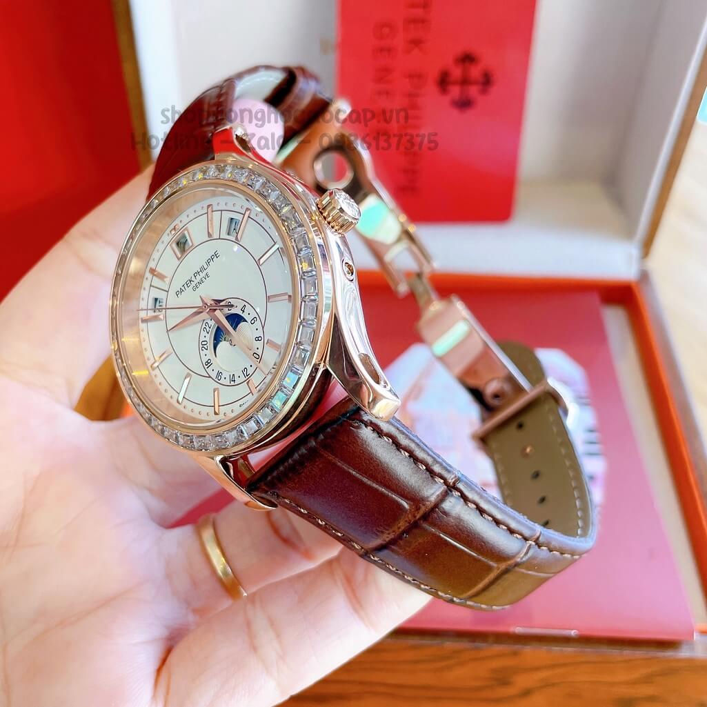 Đồng Hồ Patek Philippe Nam Cơ Tự Động Dây Da Nâu Rose Niềng Đá Ống 40mm