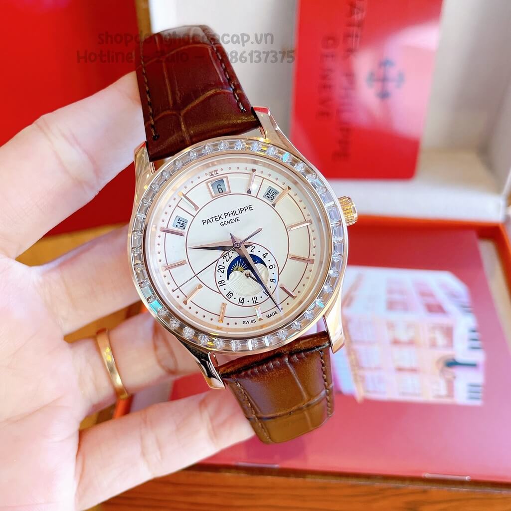 Đồng Hồ Patek Philippe Nam Cơ Tự Động Dây Da Nâu Rose Niềng Đá Ống 40mm