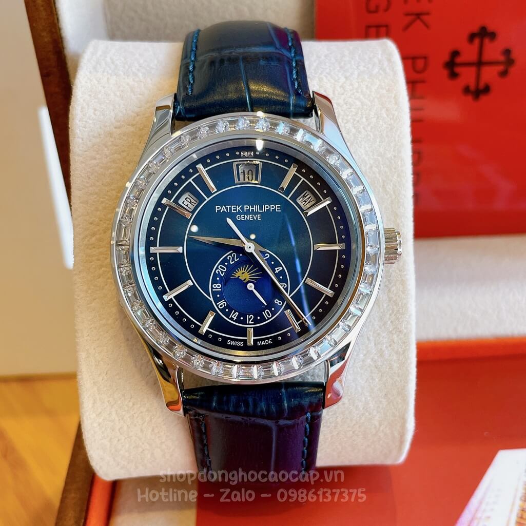 Đồng Hồ Patek Philippe Nam Cơ Tự Động Dây Da Xanh Silver Viền Đá Ống 40mm