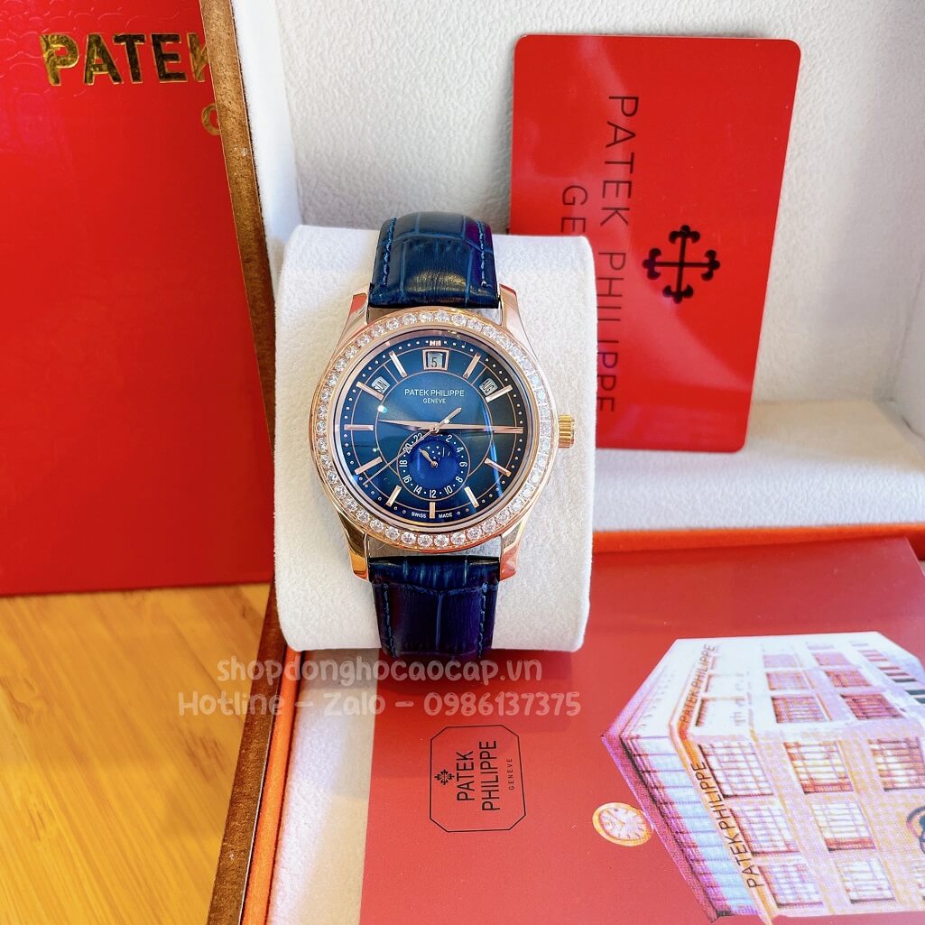 Đồng Hồ Patek Philippe Nam Máy Cơ Tự Động Dây Da Xanh Dương - Vỏ Rose Niềng Đá Mịn 40mm