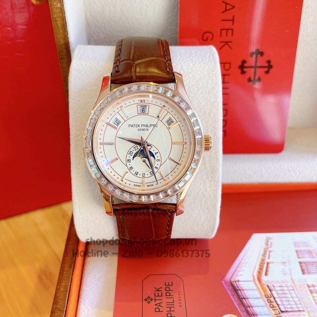 Đồng Hồ Patek Philippe Nam Cơ Tự Động Dây Da Nâu Rose Niềng Đá Ống 40mm