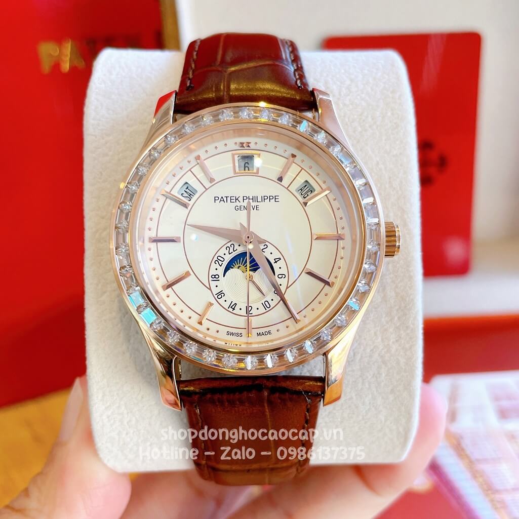 Đồng Hồ Patek Philippe Nam Cơ Tự Động Dây Da Nâu Rose Niềng Đá Ống 40mm