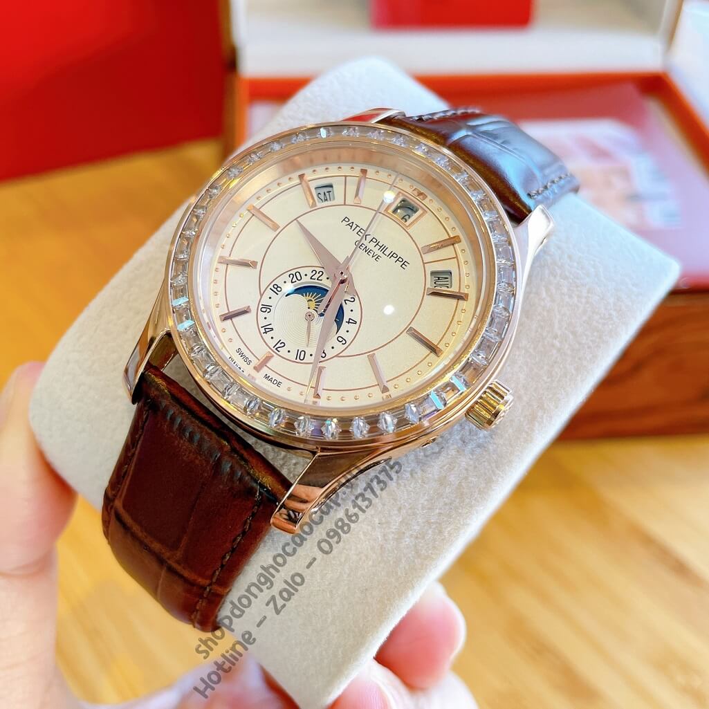 Đồng Hồ Patek Philippe Nam Cơ Tự Động Dây Da Nâu Rose Niềng Đá Ống 40mm