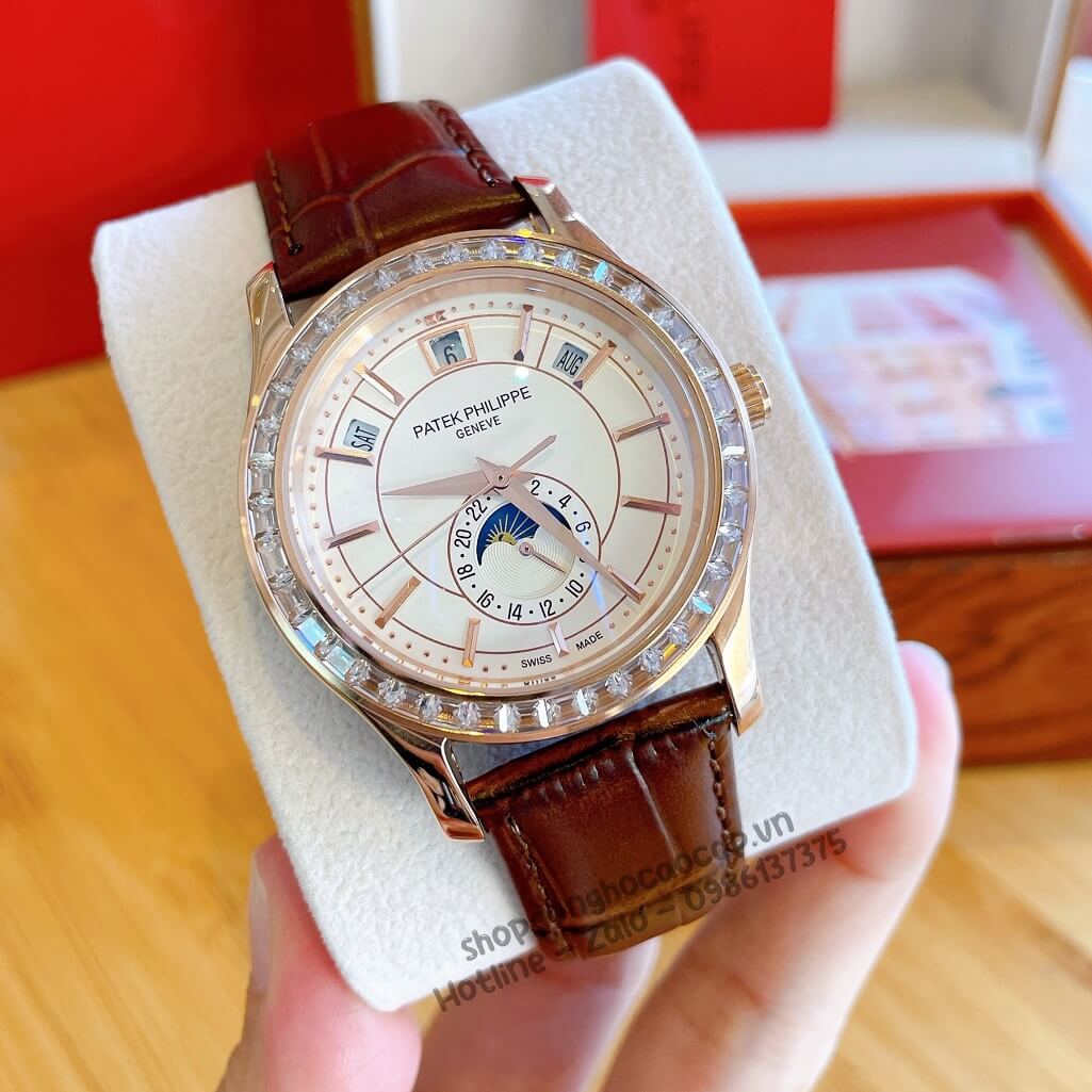 Đồng Hồ Patek Philippe Nam Cơ Tự Động Dây Da Nâu Rose Niềng Đá Ống 40mm