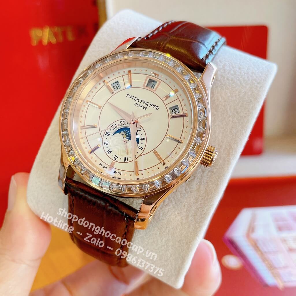 Đồng Hồ Patek Philippe Nam Cơ Tự Động Dây Da Nâu Rose Niềng Đá Ống 40mm