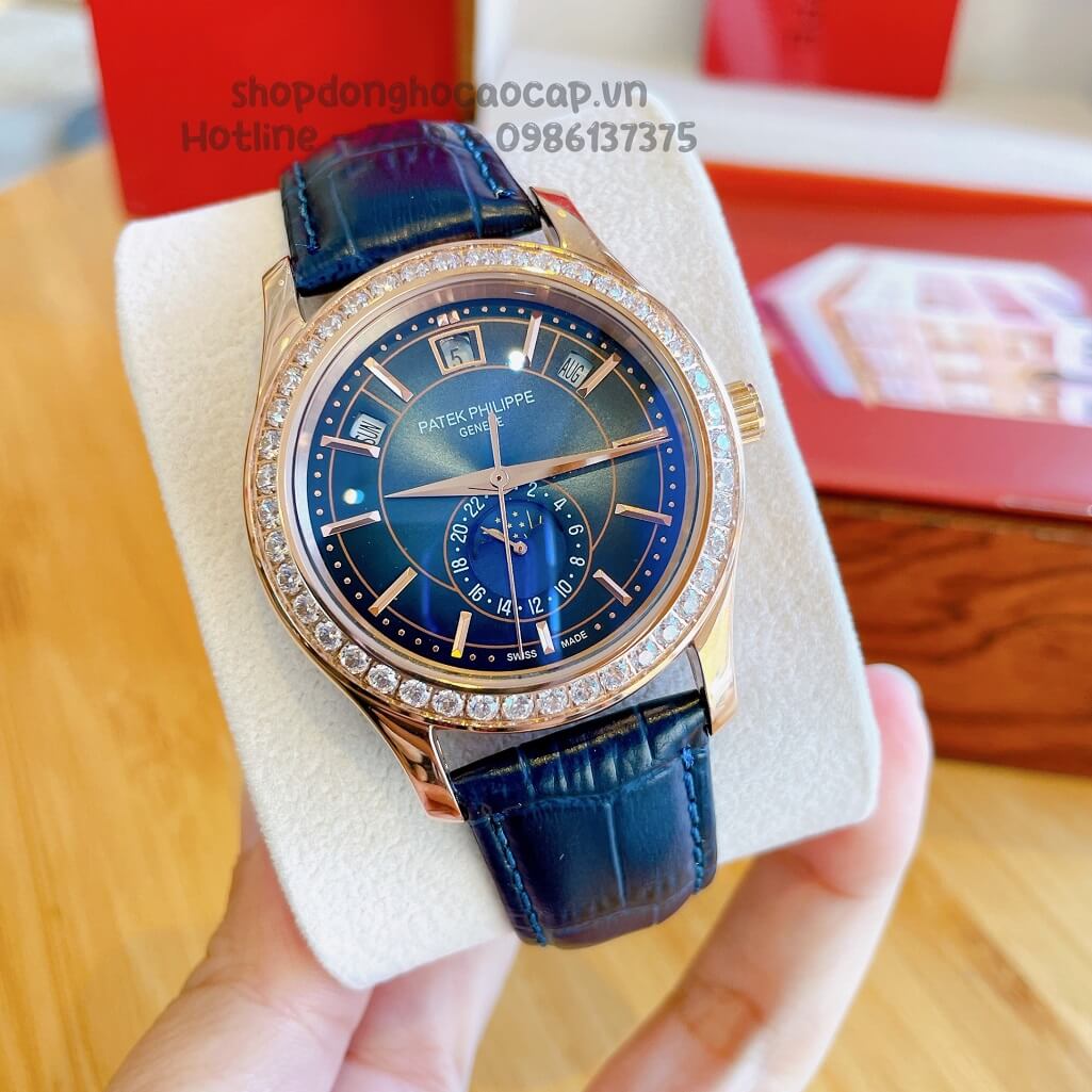 Đồng Hồ Patek Philippe Nam Máy Cơ Tự Động Dây Da Xanh Dương - Vỏ Rose Niềng Đá Mịn 40mm