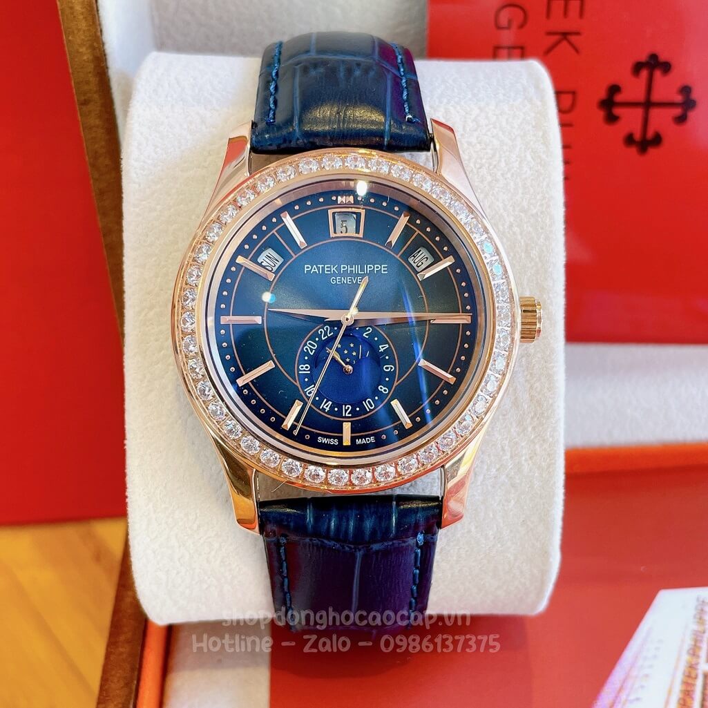 Đồng Hồ Patek Philippe Nam Máy Cơ Tự Động Dây Da Xanh Dương - Vỏ Rose Niềng Đá Mịn 40mm