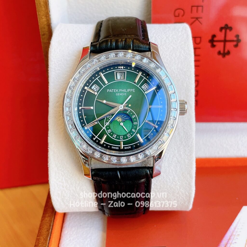 Đồng Hồ Patek Philippe Nam Cơ Tự Động Dây Da Đen Silver Mặt Xanh Viền Đá Ống 40mm