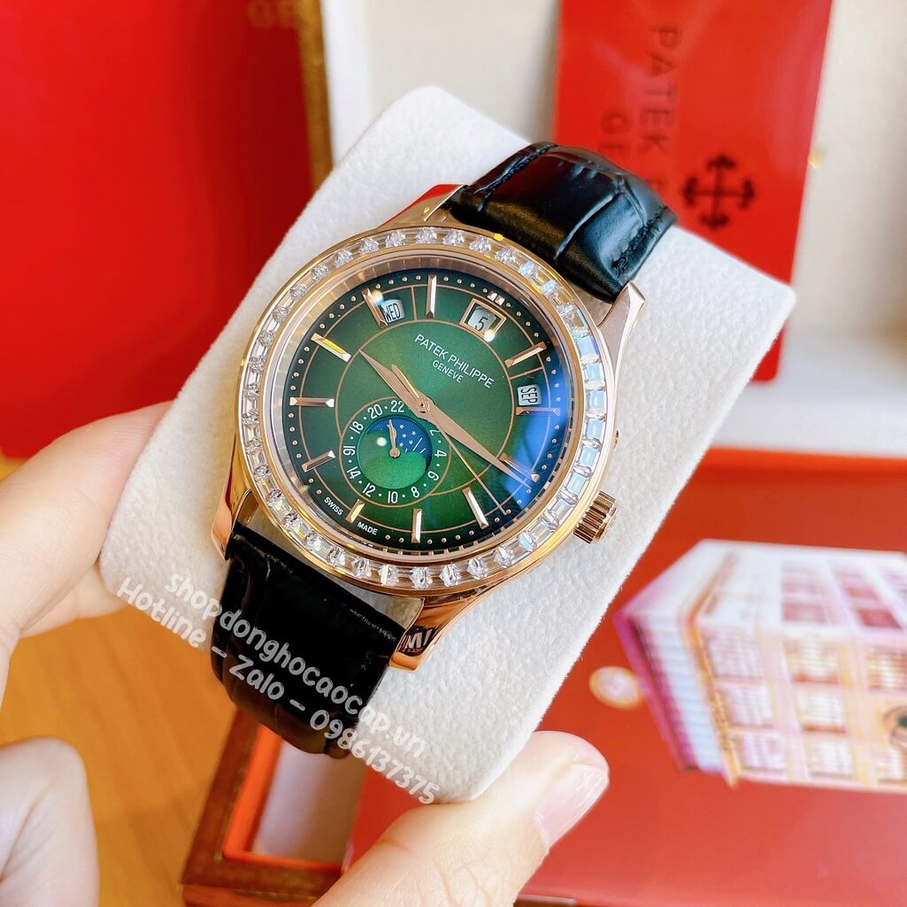 Đồng Hồ Patek Philippe Nam Cơ Tự Động Dây Da Đen Rose Mặt Xanh Viền Đá Ống 40mm