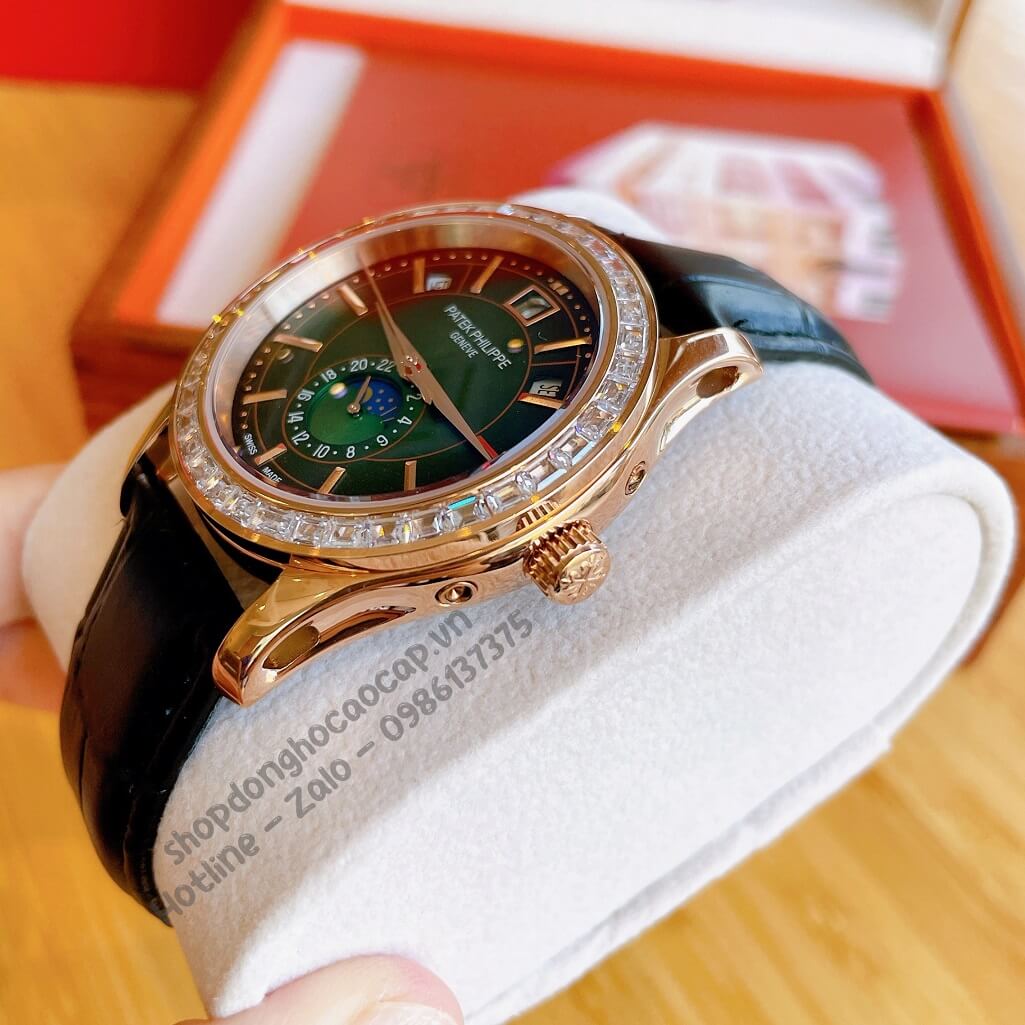 Đồng Hồ Patek Philippe Nam Cơ Tự Động Dây Da Đen Rose Mặt Xanh Viền Đá Ống 40mm