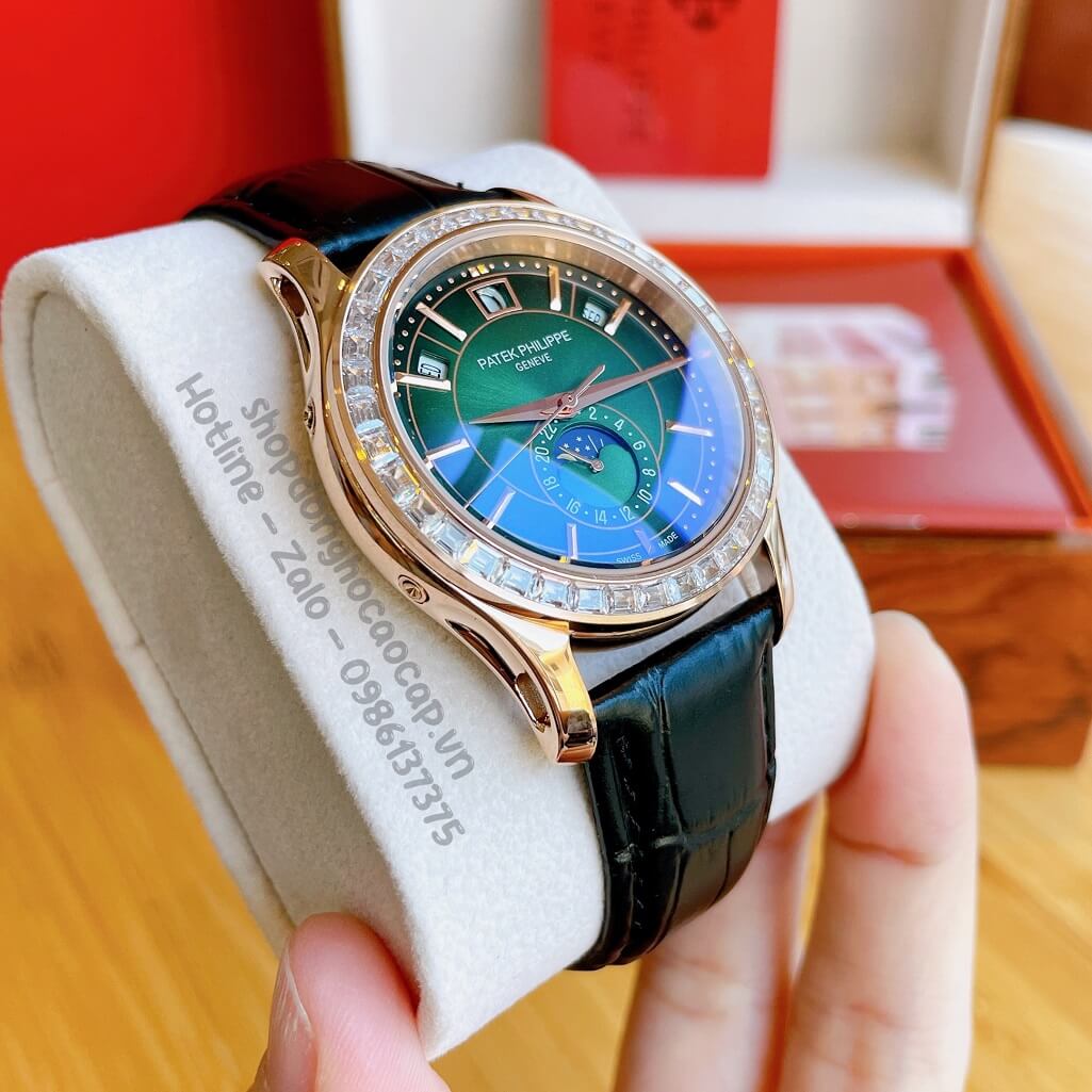 Đồng Hồ Patek Philippe Nam Cơ Tự Động Dây Da Đen Rose Mặt Xanh Viền Đá Ống 40mm