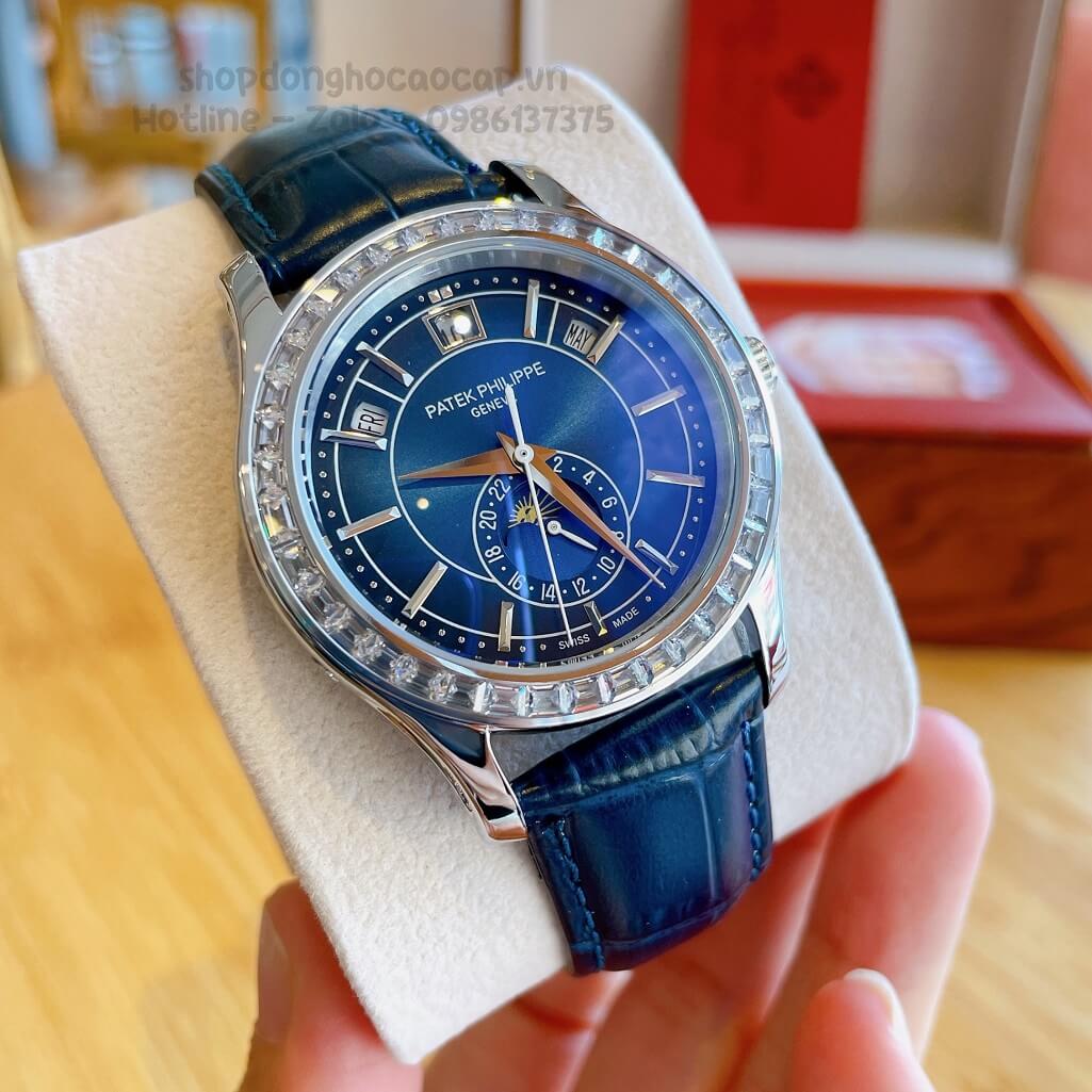 Đồng Hồ Patek Philippe Nam Cơ Tự Động Dây Da Xanh Silver Viền Đá Ống 40mm