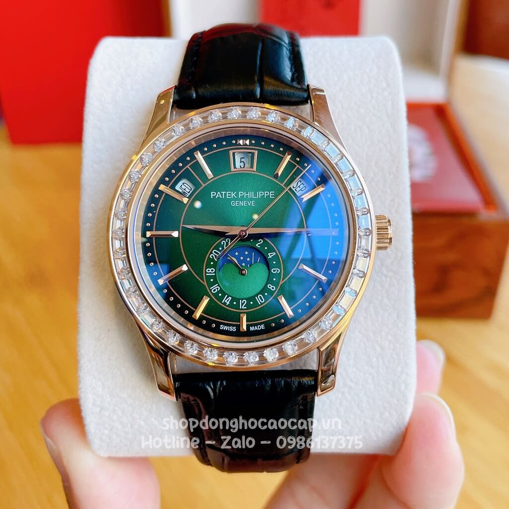 Đồng Hồ Patek Philippe Nam Cơ Tự Động Dây Da Đen Rose Mặt Xanh Viền Đá Ống 40mm