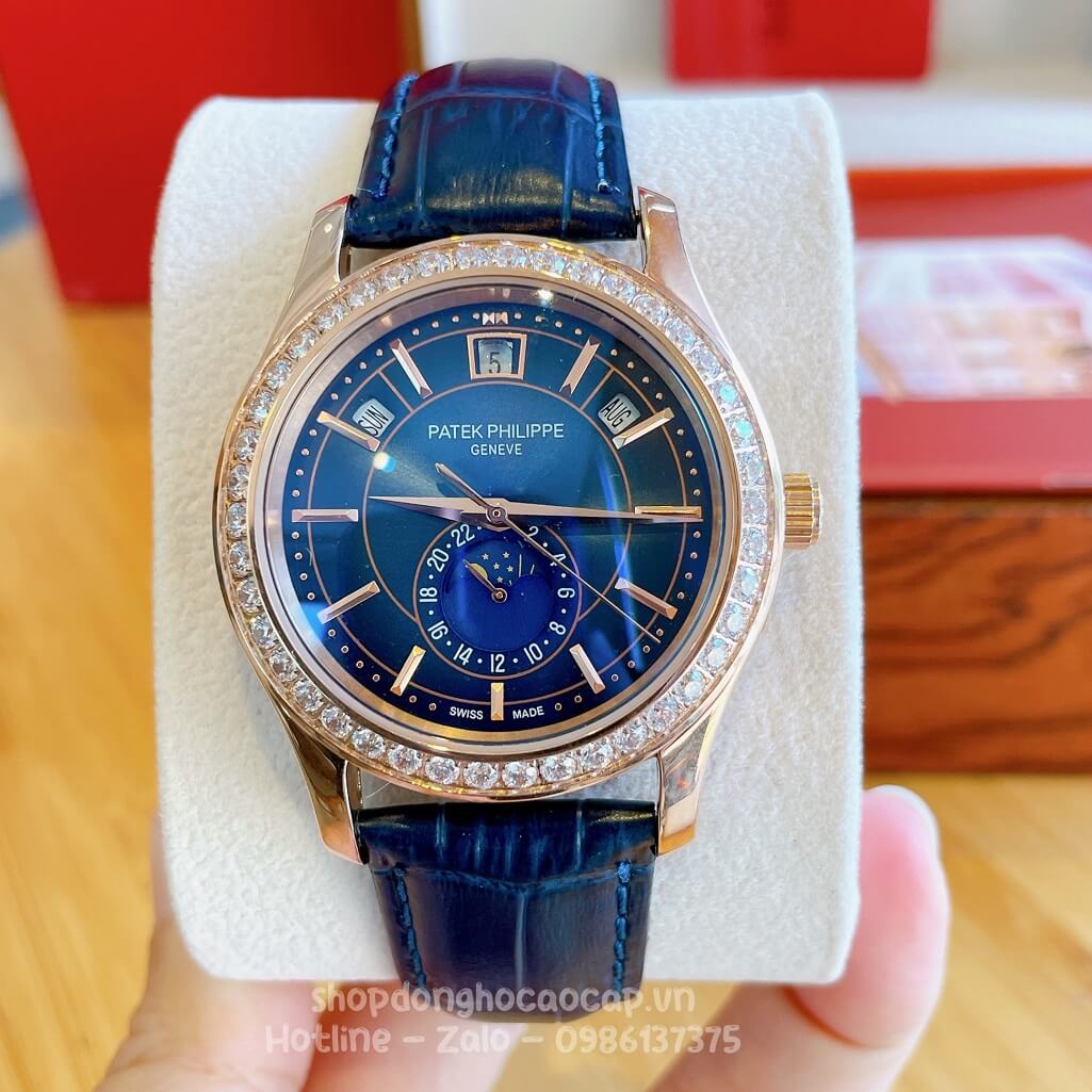Đồng Hồ Patek Philippe Nam Cơ Tự Động Dây Da Xanh Rose Viền Đá Mịn 40mm