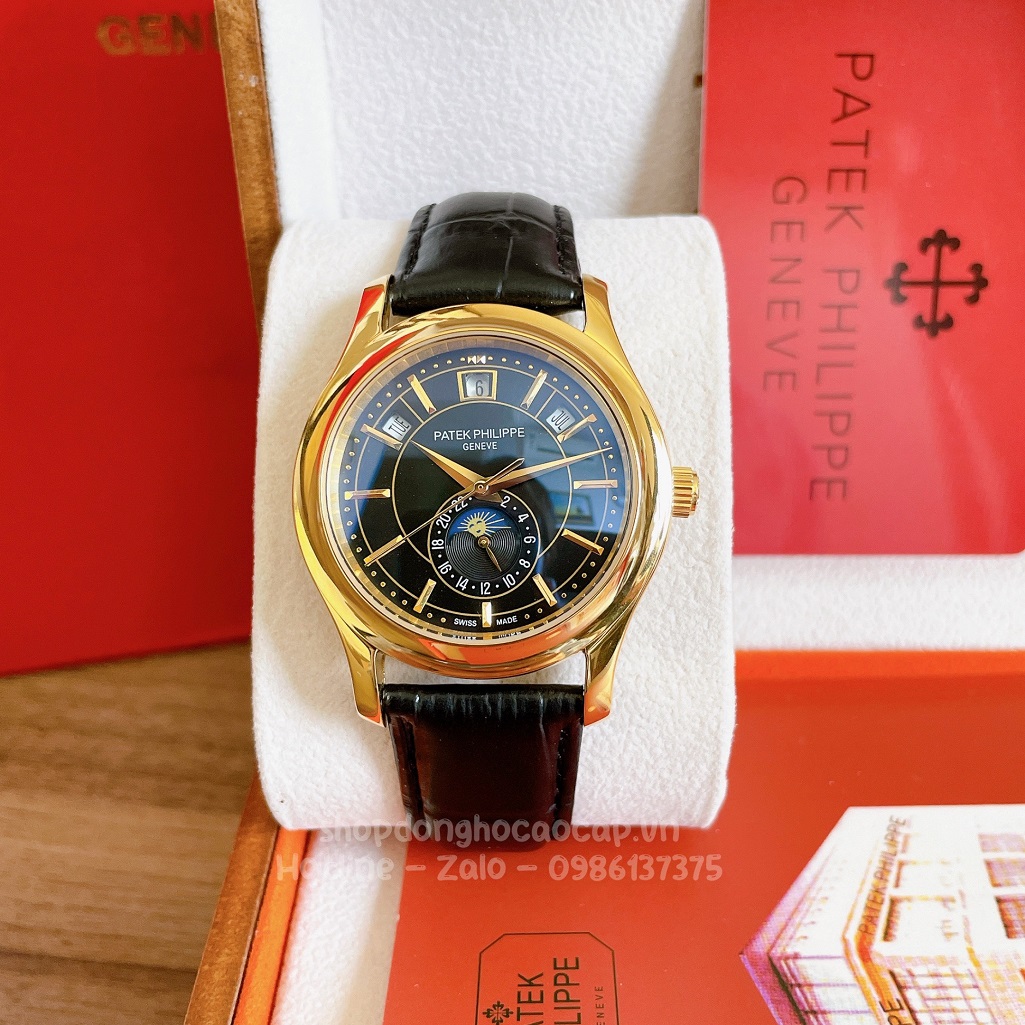 Đồng Hồ Patek Philippe Nam Cơ Tự Động Dây Da Đen Mặt Đen Vỏ Gold 40mm