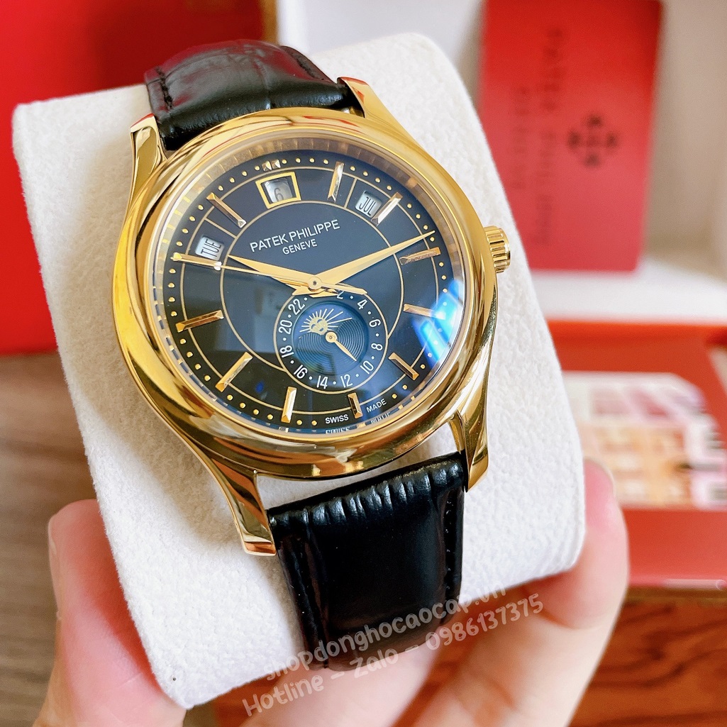 Đồng Hồ Patek Philippe Nam Cơ Tự Động Dây Da Đen Mặt Đen Vỏ Gold 40mm