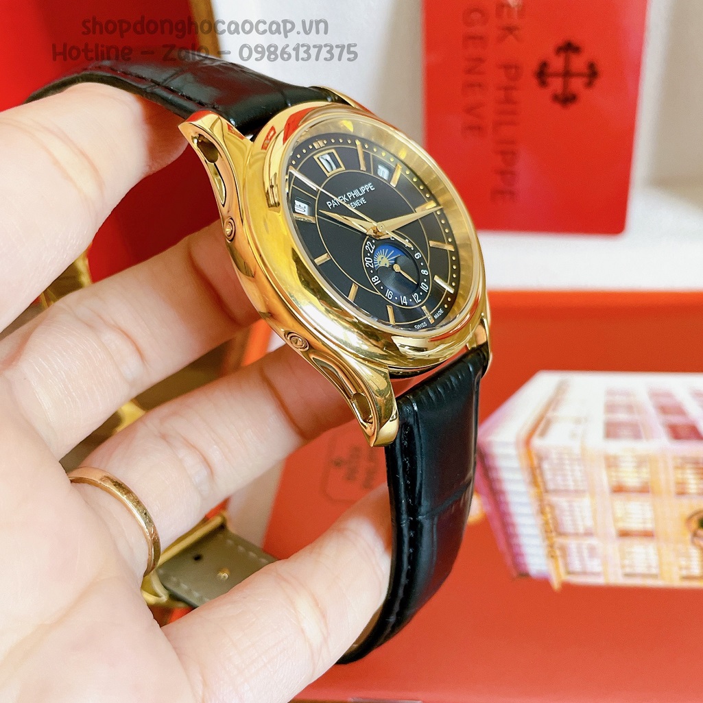 Đồng Hồ Patek Philippe Nam Cơ Tự Động Dây Da Đen Mặt Đen Vỏ Gold 40mm