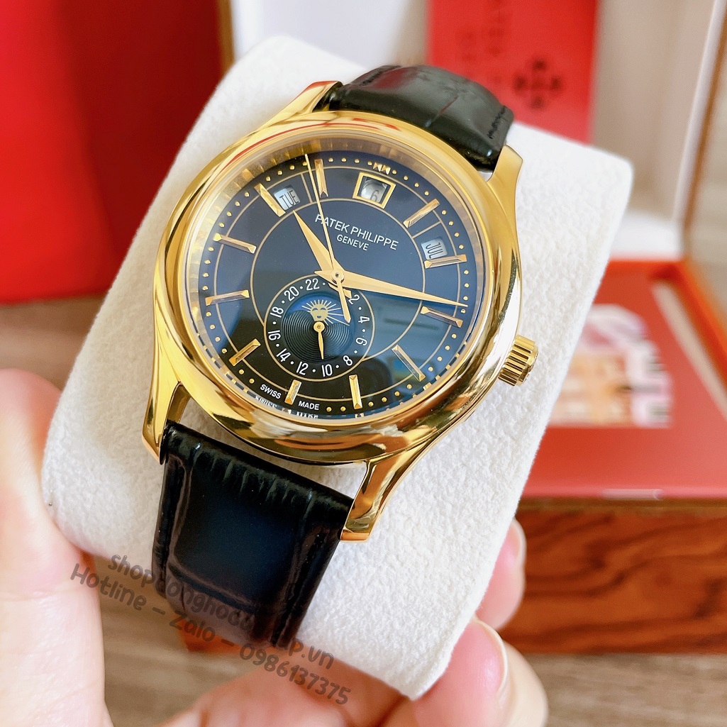 Đồng Hồ Patek Philippe Nam Cơ Tự Động Dây Da Đen Mặt Đen Vỏ Gold 40mm