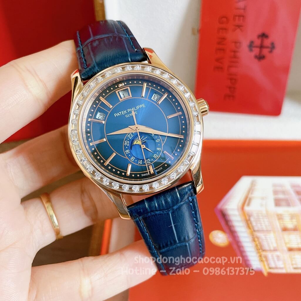 Đồng Hồ Patek Philippe Nam Cơ Tự Động Dây Da Xanh Rose Viền Đá Ống 40mm