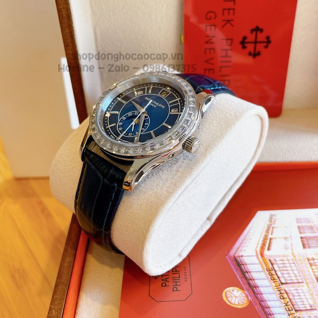 Đồng Hồ Patek Philippe Nam Cơ Tự Động Dây Da Xanh Silver Viền Đá Ống 40mm