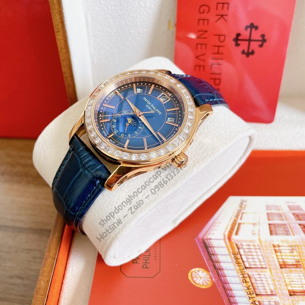 Đồng Hồ Patek Philippe Nam Cơ Tự Động Dây Da Xanh Rose Viền Đá Ống 40mm