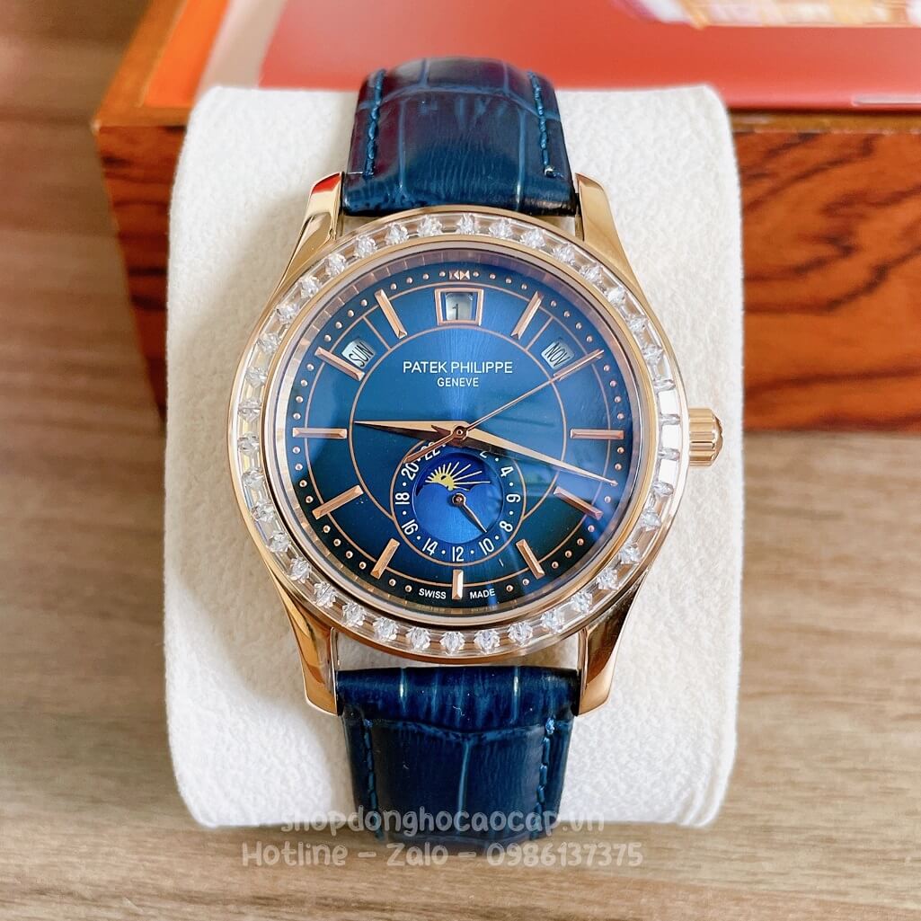 Đồng Hồ Patek Philippe Nam Cơ Tự Động Dây Da Xanh Rose Viền Đá Ống 40mm