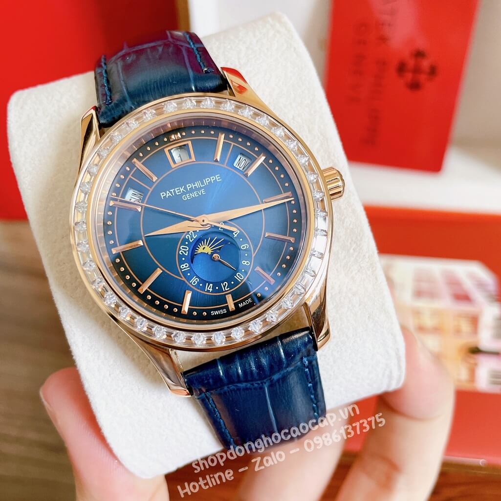 Đồng Hồ Patek Philippe Nam Cơ Tự Động Dây Da Xanh Rose Viền Đá Ống 40mm