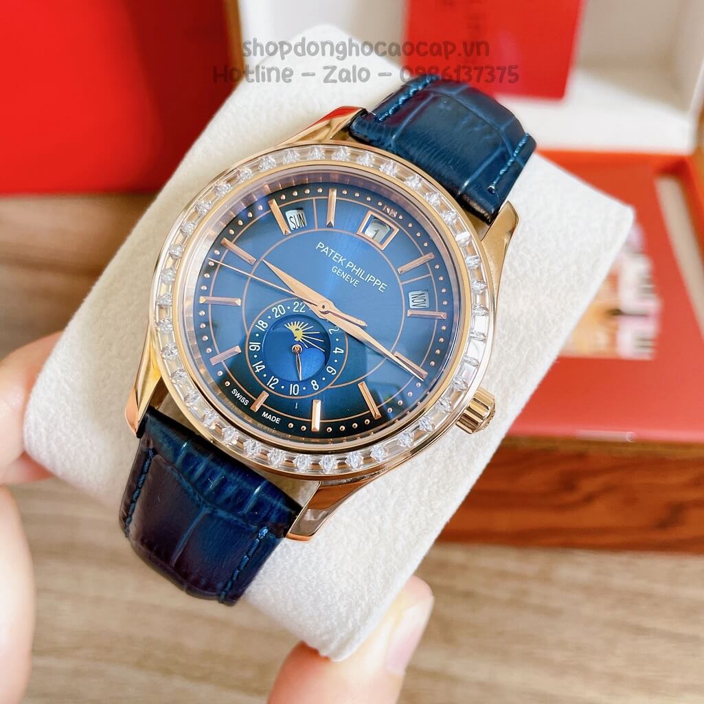 Đồng Hồ Patek Philippe Nam Cơ Tự Động Dây Da Xanh Rose Viền Đá Ống 40mm