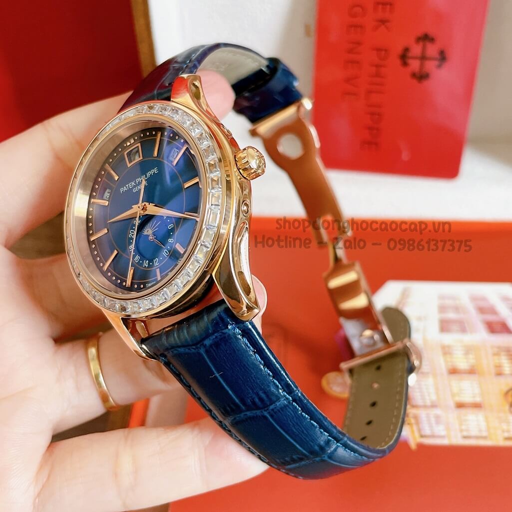 Đồng Hồ Patek Philippe Nam Cơ Tự Động Dây Da Xanh Rose Viền Đá Ống 40mm