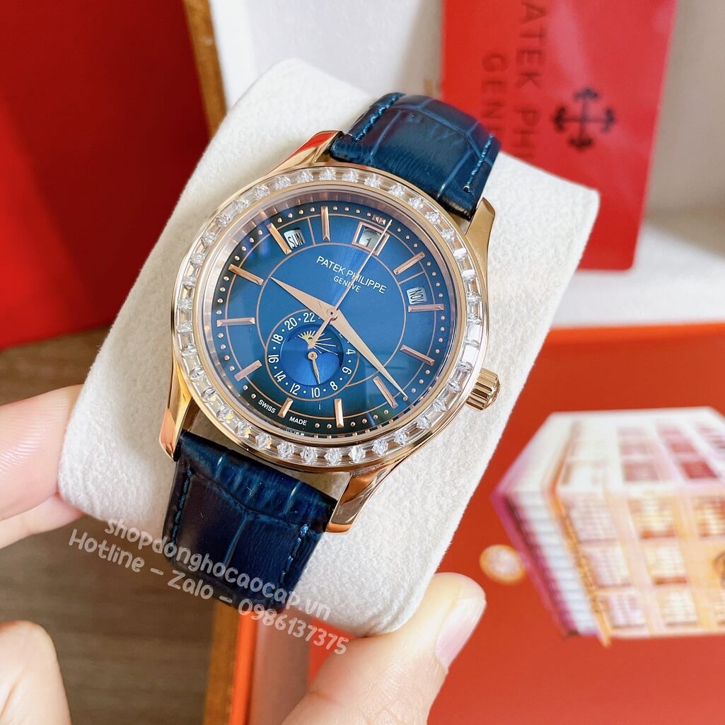 Đồng Hồ Patek Philippe Nam Cơ Tự Động Dây Da Xanh Rose Viền Đá Ống 40mm