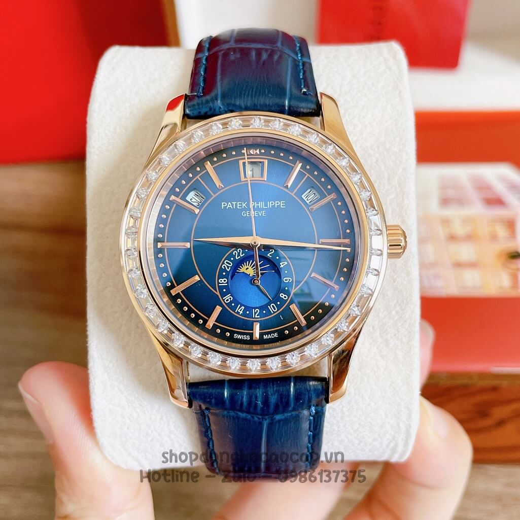 Đồng Hồ Patek Philippe Nam Cơ Tự Động Dây Da Xanh Rose Viền Đá Ống 40mm